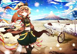 Rule 34 | 1girl, adapted costume, album cover, belt, bicycle, blonde hair, blue skirt, boots, bow, cloud, coat, cover, day, goggles, goggles on head, hair bow, headphones, headphones around neck, kurodani yamame, kusakanmuri, landscape, looking at viewer, manhole, manhole cover, midriff, navel, open clothes, open coat, ponytail, road, road sign, shirt, sign, skirt, solo, touhou, yellow eyes