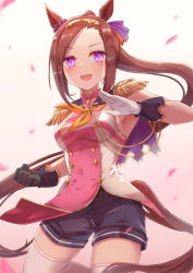 Rule 34 | 1girl, :d, absurdres, animal ears, armpits, asymmetrical gloves, backlighting, black gloves, breasts, brown hair, clenched hand, commentary request, covered navel, epaulettes, flower in eye, gloves, highres, horse ears, horse girl, horse tail, long hair, medium breasts, mismatched gloves, neckerchief, open mouth, petals, purple eyes, sakura bakushin o (umamusume), shorts, smile, solo, symbol in eye, tail, thighhighs, torottye, umamusume, white gloves, white thighhighs