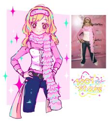 Rule 34 | 1001stars, 1girl, ashley tisdale, blonde hair, blue pants, blush, brown eyes, character sheet, commentary, denim, english commentary, feather boa, hands on own hips, heart belt, highres, long hair, long sleeves, pants, pink shirt, real life, shirt, sleep mask, smile, solo, sparkling eyes, swept bangs, tank top