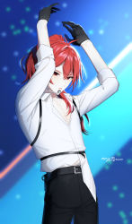 Rule 34 | 1boy, abs, absurdres, arms up, belt, black gloves, black pants, diluc (genshin impact), genshin impact, gloves, hair between eyes, hands up, highres, kkopoli, long hair, long sleeves, male focus, microphone, open mouth, pants, ponytail, red eyes, red hair, shirt, solo, white shirt