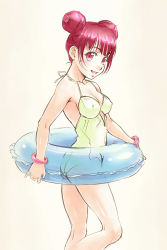 Rule 34 | 1girl, blush, bracelet, breasts, covered erect nipples, double bun, green one-piece swimsuit, hair bun, highres, innertube, jewelry, looking at viewer, one-piece swimsuit, open mouth, original, pink eyes, pink hair, saburou (minami makoto), sketch, small breasts, smile, solo, swim ring, swimsuit