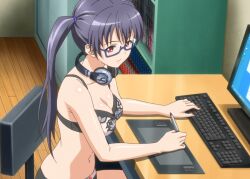 Rule 34 | 1girl, black hair, bra, breasts, bursting breasts, cleavage, computer, covered erect nipples, eroge! h mo game mo kaihatsu zanmai, glasses, headphones, highres, keyboard (computer), kosaka iori, large breasts, long hair, looking at viewer, monitor, navel, nipples, panties, red eyes, see-through, smile, solo, stitched, third-party edit, twintails, underwear