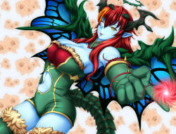 Rule 34 | 1girl, ;p, bare shoulders, blue skin, bol (liliymimi), breasts, cleavage, clothing cutout, colored skin, demon girl, demon horns, dress, elbow gloves, foreshortening, gloves, green dress, green thighhighs, hera-beorc (p&amp;d), hera (p&amp;d), horns, large breasts, long hair, looking at viewer, multicolored hair, navel, navel cutout, one eye closed, orange hair, pointing, pointing at viewer, pointy ears, puzzle &amp; dragons, red hair, smile, solo, tail, thighhighs, tongue, tongue out, two-tone hair, yellow eyes, zettai ryouiki
