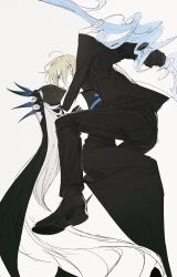 Rule 34 | 2girls, absurdres, ahoge, arm around back, artoria pendragon (all), artoria pendragon (fate), black footwear, black gloves, black jacket, black pants, black shirt, black veil, blonde hair, breasts, commentary request, crown, dress, fate (series), formal, forzen, from side, gloves, hair over eyes, highres, invisible air (fate), jacket, long hair, long sleeves, medium breasts, morgan le fay (fate), multiple girls, necktie, pants, saber (fate), shirt, siblings, simple background, sisters, sketch, smile, veil, very long hair, white background