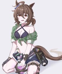 Rule 34 | 1girl, absurdres, agnes tachyon (lunatic lab) (umamusume), agnes tachyon (umamusume), ahoge, animal ears, belt, bikini, black bikini, black footwear, black gloves, blush, bracelet, breasts, brown belt, cleavage, commentary request, criss-cross halter, denim, denim shorts, ear ornament, gloves, green jacket, hair between eyes, halterneck, highres, horse ears, horse girl, horse tail, jacket, jewelry, looking at viewer, medium breasts, messy hair, official alternate costume, official alternate hairstyle, open mouth, poyanchu, red eyes, sandals, short hair, short ponytail, shorts, simple background, single glove, sitting, smile, solo, swimsuit, tail, tied jacket, torn clothes, twitter username, umamusume, wariza, white background, wristband