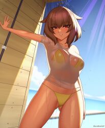Rule 34 | 1girl, ahoge, arm at side, armpits, bead bracelet, beads, bikini, bikini under clothes, blue sky, bracelet, breasts, brown hair, cleavage, collarbone, commission, contrapposto, dark-skinned female, dark skin, day, gluteal fold, hair flaps, jewelry, kuroonehalf, large breasts, looking at viewer, ocean, original, outdoors, outstretched arm, parted lips, red eyes, see-through, shirt, short hair, short sleeves, showering, sky, smile, solo, swimsuit, water, wet, wet clothes, wet shirt, white shirt, wooden wall, yellow bikini