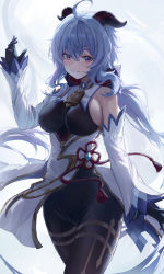 Rule 34 | 1girl, 2gong (9ujin ), ahoge, bare shoulders, bell, black bodysuit, black gloves, blue hair, bodysuit, bodysuit under clothes, breasts, chinese knot, closed mouth, cowbell, cowboy shot, detached sleeves, floating hair, ganyu (genshin impact), genshin impact, gloves, goat horns, gradient eyes, hand up, highres, horns, large breasts, light blush, long hair, long sleeves, looking at viewer, multicolored eyes, neck bell, pelvic curtain, purple eyes, sideboob, simple background, smile, solo, thighs, very long hair, vision (genshin impact), white background, white sleeves