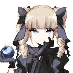 Rule 34 | 1girl, absurdres, apple, bad id, bad pixiv id, black bow, black dress, black gloves, blonde hair, blue apple, blue eyes, blunt bangs, bow, closed mouth, commentary request, dress, drill hair, food, fruit, gloves, hair bow, hand on own cheek, hand on own face, highres, holding, holding food, holding fruit, long hair, misteor, original, smile, solo, twintails, white background