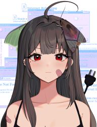 Rule 34 | 1girl, :3, ahoge, animal, animal on head, bandaid, bandaid on cheek, bandaid on face, bandaid on shoulder, bare shoulders, black shirt, breasts, brown hair, bug, cable, collarbone, ear piercing, electric plug, error message, highres, insect, light smile, long hair, looking at viewer, mole, mole on breast, mole under eye, moth, on head, original, piercing, portrait, red eyes, shirt, sleeveless, sleeveless shirt, small breasts, solo, spaghetti strap, straight-on, straight hair, vickie (cryingrobot), vickie (cryingrobot) (character), window (computing)