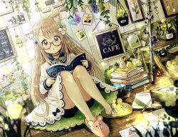 Rule 34 | 1girl, :o, animal ear fluff, animal ears, animal slippers, asymmetrical footwear, black bow, black shorts, blue flower, blurry, blurry foreground, blush, book, bookmark, bow, brown footwear, cat ears, commentary, depth of field, dress, dutch angle, english commentary, flower, glasses, hair bow, hair flower, hair ornament, highres, holding, holding book, indoors, light brown hair, long hair, long sleeves, looking at viewer, mismatched footwear, open book, original, paper, parted lips, pennant, red-framed eyewear, sakura oriko, semi-rimless eyewear, short shorts, shorts, shorts under dress, sitting, sketch, slippers, solo, star (symbol), string of flags, under-rim eyewear, very long hair, white dress, white flower, yellow eyes, yellow flower, yellow footwear