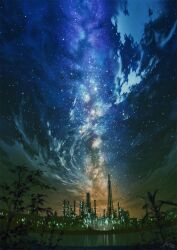 Rule 34 | commentary request, factory, highres, industrial, milky way, mocha (cotton), night, no humans, original, outdoors, plant, scenery, sky, star (sky), starry sky
