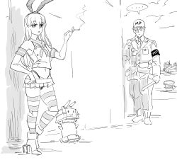 Rule 34 | ..., 1boy, 1girl, bb (baalbuddy), cigarette, comic, english text, greyscale, highres, kantai collection, military police, monochrome, outdoors, rensouhou-chan, school uniform, serafuku, shaded face, shimakaze (kancolle), sketch, smoking, standing, striped clothes, striped thighhighs, thighhighs