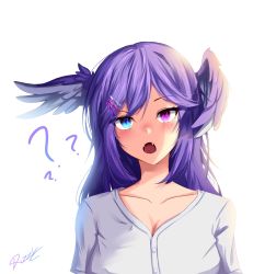 Rule 34 | 1girl, :o, ?, ??, blue eyes, blush, breasts, cleavage, collarbone, commentary, confused, dizzychessur, english commentary, fangs, grey shirt, hair ornament, hairclip, head wings, heterochromia, highres, medium breasts, nijisanji, nijisanji en, open mouth, purple eyes, selen tatsuki, shirt, solo, virtual youtuber, white background, wings