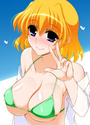Rule 34 | 1girl, bare shoulders, bikini, blonde hair, blue background, breasts, cleavage, closed mouth, collarbone, earrings, engo (aquawatery), green bikini, hand up, happy, highres, jewelry, lab coat, large breasts, looking at viewer, loose clothes, lyrical nanoha, mahou shoujo lyrical nanoha a&#039;s, mahou shoujo lyrical nanoha strikers, multicolored background, purple eyes, see-through, see-through shirt, shamal, shiny skin, short hair, simple background, smile, solo, swimsuit, upper body, white background