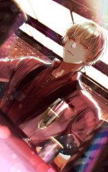 Rule 34 | 1boy, alternate costume, blonde hair, casino, champagne flute, closed mouth, collared shirt, cup, drinking glass, earrings, expressionless, fate/strange fake, fate (series), gilgamesh (fate), highres, jacket, jewelry, long sleeves, looking at viewer, male focus, necklace, poker chip, red eyes, red jacket, red shirt, sakura hitsuji, shirt, short hair, solo, sparkle, twitter username, upper body