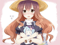 Rule 34 | 1girl, bag, black dress, blue hair, blush, breasts, brown hair, character doll, crossed arms, dress, flying sweatdrops, geta, hachimi, hat, hijiri byakuren, karakasa obake, large breasts, long hair, mini person, minigirl, open mouth, puffy short sleeves, puffy sleeves, purple hair, short sleeves, shoulder bag, smile, solo, tatara kogasa, touhou, umbrella, upper body, very long hair, | |