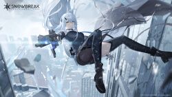 Rule 34 | 1girl, ahoge, building, copyright notice, falling, glass shards, gun, highres, holding, holding gun, holding weapon, long hair, lyfe bestla, official art, skyscraper, snow, snowbreak: containment zone, snowing, thighhighs, weapon, white hair, yellow eyes