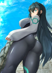 Rule 34 | 1girl, aqua eyes, ass, black bodysuit, black hair, blush, bodysuit, breasts, closed mouth, commentary request, day, dutch angle, from behind, from below, gundam, gundam build divers, gundam build divers re:rise, hair between eyes, highres, huge ass, impossible bodysuit, impossible clothes, large breasts, long hair, long sleeves, looking at viewer, looking back, may (gundam build divers re:rise), ocza, outdoors, shiny clothes, shiny skin, shrug (clothing), skin tight, sleeves past wrists, solo, standing