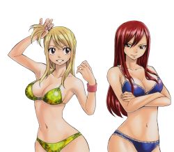 Rule 34 | 2girls, absurdres, arm up, bare shoulders, bikini, blonde hair, blue bikini, breasts, brown eyes, cleavage, crossed arms, erza scarlet, fairy tail, green bikini, highres, huge filesize, large breasts, long hair, lucy heartfilia, mashima hiro, multiple girls, navel, official art, one side up, print bikini, red hair, scan, simple background, smile, swimsuit, wristband