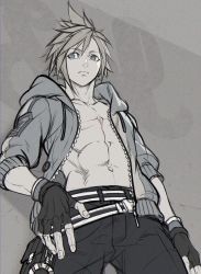 Rule 34 | 1boy, abs, belt, cloud strife, cowboy shot, final fantasy, final fantasy vii, fingerless gloves, from below, gloves, grey background, greyscale, hair between eyes, hand on own hip, hood, hood down, hoodie, kiki lala, looking to the side, male focus, monochrome, muscular, navel, open clothes, open hoodie, pants, pectorals, short hair, sleeves rolled up, solo, spiked hair, square enix