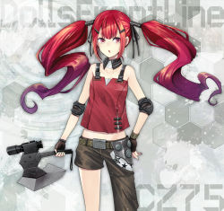 Rule 34 | 1girl, asymmetrical clothes, axe, bare shoulders, black gloves, breasts, collarbone, copyright name, cz75 (girls&#039; frontline), fingerless gloves, girls&#039; frontline, gloves, hair ornament, hairclip, hand on own hip, hiroichi, holding, holding axe, holding weapon, long hair, red eyes, red hair, scope, sleeveless, small breasts, solo, tomahawk, twintails, very long hair, weapon