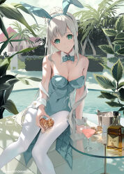 Rule 34 | 1girl, alcohol, animal ears, aqua bow, aqua bowtie, aqua leotard, arm support, artist name, bare shoulders, bottle, bow, bowtie, breasts, bucket, building, bush, cleavage, closed mouth, collar, commentary request, covered navel, cup, day, detached collar, drink, drinking glass, fake animal ears, glass, glass table, green eyes, grey hair, heart, high ponytail, highres, holding, ice, ice cube, leaf, leaning to the side, leotard, light blush, long hair, looking at viewer, medium breasts, motto (night wear), original, outdoors, palm tree, pantyhose, plant, playboy bunny, pool, poolside, rabbit ears, reflection, shadow, sidelocks, sitting, sky, smile, solo, strapless, strapless leotard, table, thighs, tree, very long hair, whiskey, white collar, white pantyhose, white wrist cuffs, wing collar, wrist cuffs