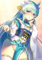 Rule 34 | 1girl, blush, clothes lift, fate/grand order, fate (series), green hair, hand on own cheek, hand on own face, heart, heart-shaped pupils, highres, horns, japanese clothes, kiyohime (fate), lifted by self, long hair, looking at viewer, minamo25, smile, solo, symbol-shaped pupils, thighhighs, twitter username, white thighhighs, yellow eyes