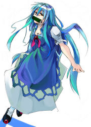 Rule 34 | 1girl, blue dress, blue hair, bow, breasts, cleavage, dress, female focus, full body, kamishirasawa keine, large breasts, long hair, looking at viewer, minazuki maya, mouth hold, multicolored hair, puffy short sleeves, puffy sleeves, scroll, shoes, short sleeves, simple background, socks, solo, touhou, two-tone hair, very long hair, white background, yellow eyes