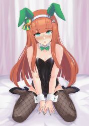Rule 34 | 1girl, animal ears, bare shoulders, bed, black footwear, black leotard, black thighhighs, blue eyes, blush, breasts, collarbone, commentary request, curtains, ear covers, fingernails, fishnet thighhighs, fishnets, green nails, hair ornament, hairband, hairclip, headband, high heels, highres, hime cut, horse ears, horse girl, horse tail, leotard, looking at viewer, nail polish, navel, nontraditional playboy bunny, on bed, open mouth, rapana p, silence suzuka (umamusume), sitting, small breasts, solo, strapless, strapless leotard, tail, thighhighs, umamusume, wariza, white hairband
