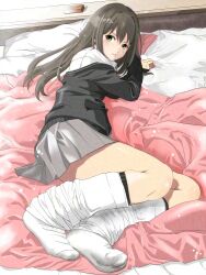 Rule 34 | 1girl, bed sheet, black cardigan, blush, breasts, brown hair, cardigan, closed mouth, feet, green eyes, grey skirt, highres, idolmaster, idolmaster cinderella girls, idolmaster cinderella girls starlight stage, indoors, light particles, long hair, long sleeves, looking at viewer, loose socks, lying, medium breasts, miniskirt, nao3675, no shoes, off shoulder, on bed, on side, parted lips, pillow, pleated skirt, school uniform, shibuya rin, shirt, skirt, socks, solo, white shirt, white socks