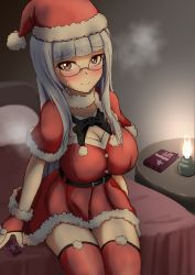 Rule 34 | 1girl, absurdres, bed, blue hair, blush, breasts, brown eyes, christmas, cleavage, glasses, hat, heidimarie w. schnaufer, highres, indoors, large breasts, long hair, looking at viewer, on bed, red thighhighs, santa costume, santa hat, solo, strike witches, t-8000, thighhighs, world witches series
