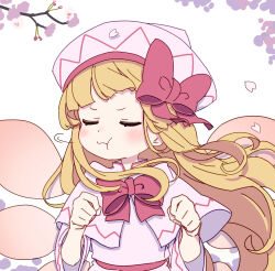 Rule 34 | 1girl, absurdres, blonde hair, blush, capelet, cherry blossoms, closed eyes, closed mouth, dress, fairy, fairy wings, hat, highres, kame (kamepan44231), lily white, long hair, long sleeves, petals, pout, simple background, solo, touhou, white background, white capelet, white dress, white hat, wide sleeves, wings
