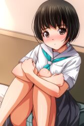 1girl bed black_hair blue_neckerchief blush breast_pocket brown_eyes green_panties grey_skirt hugging_own_legs looking_at_viewer matsunaga_kouyou neckerchief on_bed open_mouth original panties pocket school_uniform shirt short_hair short_sleeves sitting skirt underwear white_shirt