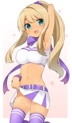 Rule 34 | 1girl, alessandra susu, alternate hairstyle, arm up, armpits, bad id, bad pixiv id, belt, blonde hair, blue eyes, blush, bow, breasts, cheerleader, clothes lift, heart, heart-shaped pupils, large breasts, long hair, looking at viewer, midriff, navel, nekoume, open mouth, ponytail, purple thighhighs, ribbon, skirt, skirt lift, smile, solo, sweat, symbol-shaped pupils, thighhighs, tokyo 7th sisters