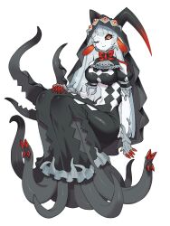 Rule 34 | 1girl, ;), absurdres, animal ears, antennae, ascot, black dress, black sclera, blunt ends, breasts, cleavage, colored sclera, colored skin, dress, fingernails, frilled dress, frills, from side, full body, goat ears, grey ascot, hand on own thigh, highres, inu fuji, lace-trimmed sleeves, lace trim, looking at viewer, monster girl, navel, one eye closed, orange eyes, original, red nails, sharp fingernails, simple background, smile, solo, straight hair, symbol-shaped pupils, tentacles, veil, white background, white hair, white skin