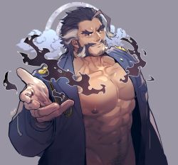 Rule 34 | 1boy, abs, ahoge, bara, bare pectorals, blue hair, daikoku (housamo), dark blue hair, facial hair, forked eyebrows, halo, halo behind head, jacket, large pectorals, male focus, manly, multicolored hair, muscular, mustache, navel, navel hair, nipples, open clothes, open jacket, orange eyes, pectorals, rybiok, short hair, sideburns, solo, thick eyebrows, tokyo houkago summoners, two-tone hair, white hair