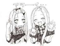 Rule 34 | 2girls, :d, ^ ^, abigail williams (fate), arm up, bangs pinned back, blush, bow, closed eyes, dress, facing viewer, fate/grand order, fate (series), forehead, greyscale, hair bow, hands up, head tilt, horns, lavinia whateley (fate), long sleeves, monochrome, multiple girls, open mouth, parted bangs, parted lips, round teeth, simple background, sleeves past wrists, smile, sofra, sweat, teeth, translation request, upper teeth only, white background