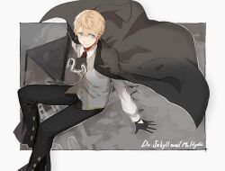 Rule 34 | 1boy, ascot, black ascot, black gloves, black jacket, black pants, blonde hair, blue eyes, brooch, character name, collared shirt, fate/grand order, fate (series), feet out of frame, floating clothes, gloves, grey vest, hair between eyes, highres, house, jacket, jacket on shoulders, jekyll and hyde (fate), jewelry, looking to the side, male focus, outside border, pants, shirt, short hair, sitting, smile, solo, vegg, vest, white shirt