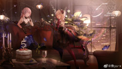 Rule 34 | 2girls, absurdres, anniversary, bare shoulders, blonde hair, bouquet, bug, butterfly, cake, candelabra, candlestand, champagne bottle, couch, flower, food, fruit, girls&#039; frontline, hair flower, hair ornament, headgear, high heels, highres, insect, looking at viewer, looking back, m4 sopmod ii (devourer of the feast) (girls&#039; frontline), m4 sopmod ii (girls&#039; frontline), mechanical arms, multiple girls, official alternate costume, pink eyes, pink hair, ponytail, single mechanical arm, smile, st ar-15 (girls&#039; frontline), st ar-15 (prisoner of the dream) (girls&#039; frontline), strawberry, umbrella, yu-x