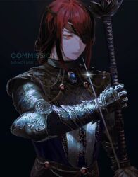 Rule 34 | 1girl, armor, blue gemstone, braid, breastplate, closed mouth, commission, copyright request, eyepatch, gauntlets, gem, glint, highres, holding, holding weapon, keibleh, long hair, one eye covered, red eyes, red gemstone, red hair, solo, upper body, watermark, weapon