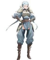 Rule 34 | 1girl, armor, blue hair, boots, breastplate, dress, elbow gloves, fire emblem, fire emblem awakening, fire emblem heroes, full body, gloves, hands on own hips, highres, hirooka masaki, knee boots, long sleeves, nintendo, non-web source, official art, pelvic curtain, phila (fire emblem), puffy sleeves, red eyes, short dress, shoulder armor, solo, striped, thighhighs, transparent background, vertical stripes