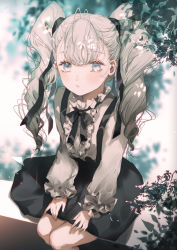 Rule 34 | 1girl, aino pekonen, black bow, black skirt, blue eyes, blurry, blurry background, bow, closed mouth, commentary request, depth of field, feet out of frame, grey hair, grey shirt, hair between eyes, highres, kokoro navi, long hair, long sleeves, looking at viewer, majamari, puffy long sleeves, puffy sleeves, shirt, sitting, skirt, sleeves past wrists, solo, suspender skirt, suspenders, twintails