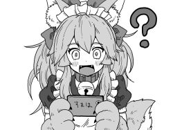 Rule 34 | 1girl, ?, animal ear fluff, animal ears, animal hands, apron, bell, blush, bow, cat paws, cellphone, claws, collar, commentary, confused, fangs, fate/grand order, fate (series), fox ears, fox girl, fox tail, greyscale, hair between eyes, hair bow, highres, holding, holding phone, jingle bell, kusama takato, long hair, looking at object, maid apron, maid headdress, monochrome, neck bell, open mouth, phone, ponytail, short sleeves, sidelocks, simple background, smartphone, solo, tail, tamamo (fate), tamamo cat (fate), tamamo cat (second ascension) (fate), tongue, translated