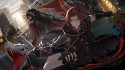 Rule 34 | 1boy, 1girl, black gloves, black hair, city, cloud, cloudy sky, code vein, commentary request, destruction, fingerless gloves, gas mask, gloves, glowing, glowing eyes, highres, jacket, jacket on shoulders, long hair, looking back, mag (mag42), mask, monster, red eyes, short sleeves, sky, smile, tongue, tongue out, vampire, yakumo (code vein)
