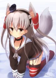Rule 34 | 10s, 1girl, all fours, amatsukaze (kancolle), animal ears, brown eyes, choker, dated, fox ears, fox tail, gloves, hair tubes, headgear, hionhk, kantai collection, kemonomimi mode, long hair, looking at viewer, no shoes, red thighhighs, silver hair, solo, striped clothes, striped thighhighs, tail, thighhighs, twitter username, two side up, white gloves