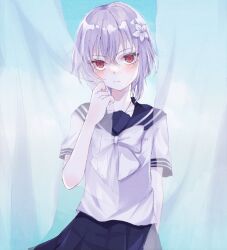 Rule 34 | 1girl, a certain high school uniform, accelerator (toaru majutsu no index), albino, ambiguous gender, androgynous, blue sailor collar, blue skirt, blush, bow, c0c0ume, curtain grab, curtains, electrodes, flower, hair flower, hair ornament, light frown, lily (flower), looking at viewer, pale skin, red eyes, sailor collar, school uniform, shirt, short hair, short sleeves, skirt, solo, summer uniform, sunlight, suzushina yuriko, toaru majutsu no index, traditional media, upper body, white bow, white hair, white shirt
