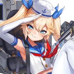 1girl armpits bag bare_shoulders blonde_hair blue_eyes blush bow breasts elbow_gloves game_cg gloves grin gun hair_between_eyes hair_bow hat last_origin long_hair looking_at_viewer mr.yun navel neckerchief official_art sailor sailor_collar sailor_hat sailor_uniform salute shoulder_bag sleeveless small_breasts smile teeth thetis_(last_origin) thighhighs transparent_background twintails upper_body weapon white_gloves white_thighhighs