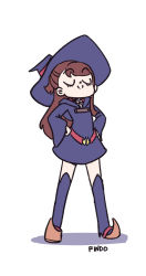 Rule 34 | 10s, 1girl, belt, boots, brown hair, dress, closed eyes, findoworld, hands on own hips, hat, highres, kagari atsuko, little witch academia, long hair, short dress, smile, solo, thigh boots, thighhighs, white background, witch, witch hat