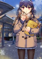 Rule 34 | 1girl, arm up, beige scarf, black hair, black pantyhose, breath, brown coat, cariccari, clock, coat, envelope, eyelashes, fingernails, hairband, highres, kasumigaoka utaha, layered clothes, long hair, long sleeves, looking at viewer, open mouth, outdoors, pantyhose, plaid, plaid scarf, pleated skirt, red eyes, ricca55, saenai heroine no sodatekata, scarf, skirt, sky, snowflakes, snowing, solo, striped clothes, striped skirt, train station, winter clothes