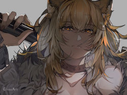 Rule 34 | 1girl, animal ears, arknights, blonde hair, candy, choker, close-up, closz, collarbone, fingernails, food, food in mouth, fur-trimmed jacket, fur trim, hair between eyes, holding, holding weapon, jacket, lollipop, long fingernails, long hair, looking at viewer, parted lips, portrait, sharp fingernails, siege (arknights), simple background, solo, weapon, yellow eyes